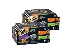Comida húmeda para gatos Sheba Perfect Portions, paté, plato principal de pollo sabroso y plato principal de pavo asado, paquete variado, 75 g. Bandejas dobles (12 unidades, 24 porciones) (paquete de 2)