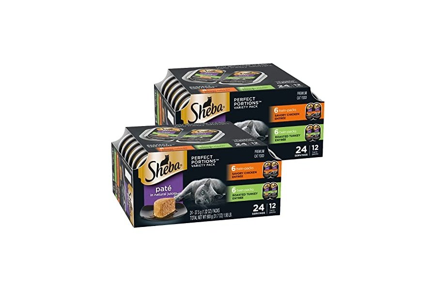 Comida húmeda para gatos Sheba Perfect Portions, paté, plato principal de pollo sabroso y plato principal de pavo asado, paquete variado, 75 g. Bandejas dobles (12 unidades, 24 porciones) (paquete de 2)