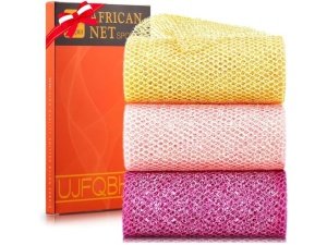Juego de 3 esponjas de ducha exfoliantes africanas de estilo brillante. Esponjas de baño largas para una piel suave y fresca. El exterior brilla. Ideal para uso diario (amarillo brillante, rosa, morado).