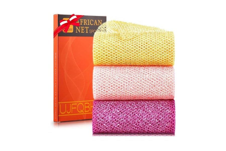 Juego de 3 esponjas de ducha exfoliantes africanas de estilo brillante. Esponjas de baño largas para una piel suave y fresca. El exterior brilla. Ideal para uso diario (amarillo brillante, rosa, morado).