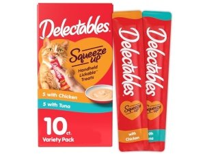 Hartz Delectables Squeeze Up - Golosinas húmedas interactivas para lamer para gatos adultos y mayores, pollo y atún, 10 unidades, 5 oz