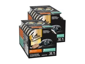SHEBA PERFECT PORTIONS Bandejas de comida húmeda para gatos con cortes en salsa (12 unidades, 24 porciones), plato principal exclusivo de atún y pollo asado, bandejas fáciles de despegar en paquete doble