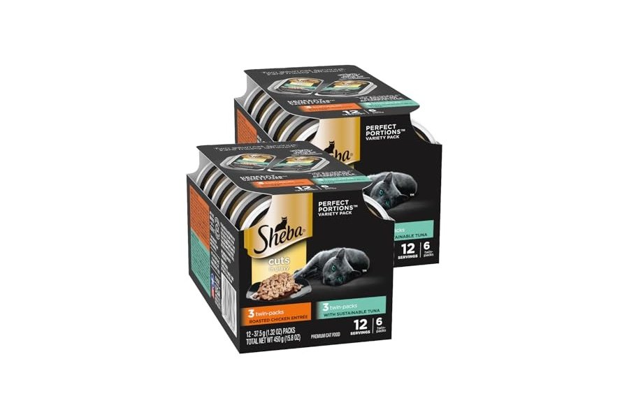 SHEBA PERFECT PORTIONS Bandejas de comida húmeda para gatos con cortes en salsa (12 unidades, 24 porciones), plato principal exclusivo de atún y pollo asado, bandejas fáciles de despegar en paquete doble