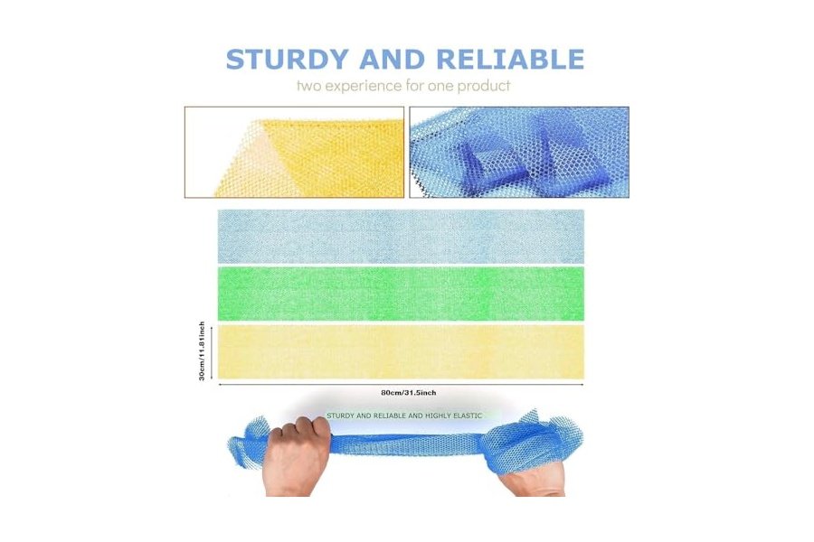 3 esponjas de baño africanas de malla larga, exfoliantes, para ducha, cuerpo y espalda, suavizantes, ideales para uso diario (amarillo, verde y azul). - Image 3