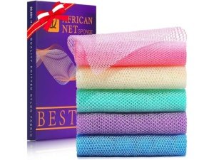 UJFQBH - 5 esponjas de baño africanas de red africana, esponja de baño de red larga, exfoliante, para ducha, cuerpo, espalda y piel más suave, ideal para uso diario (morado, rosa, verde, azul, blanco)