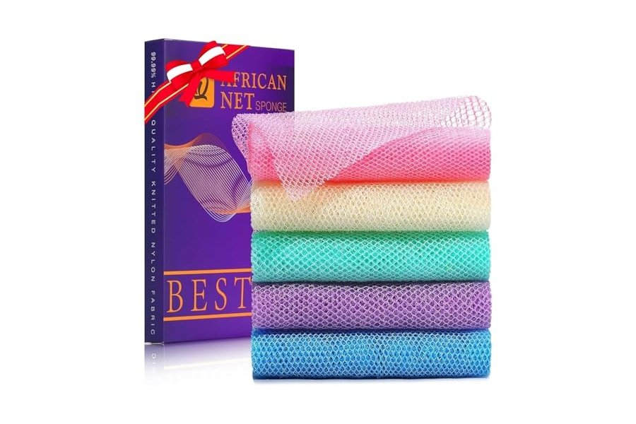 UJFQBH - 5 esponjas de baño africanas de red africana, esponja de baño de red larga, exfoliante, para ducha, cuerpo, espalda y piel más suave, ideal para uso diario (morado, rosa, verde, azul, blanco)