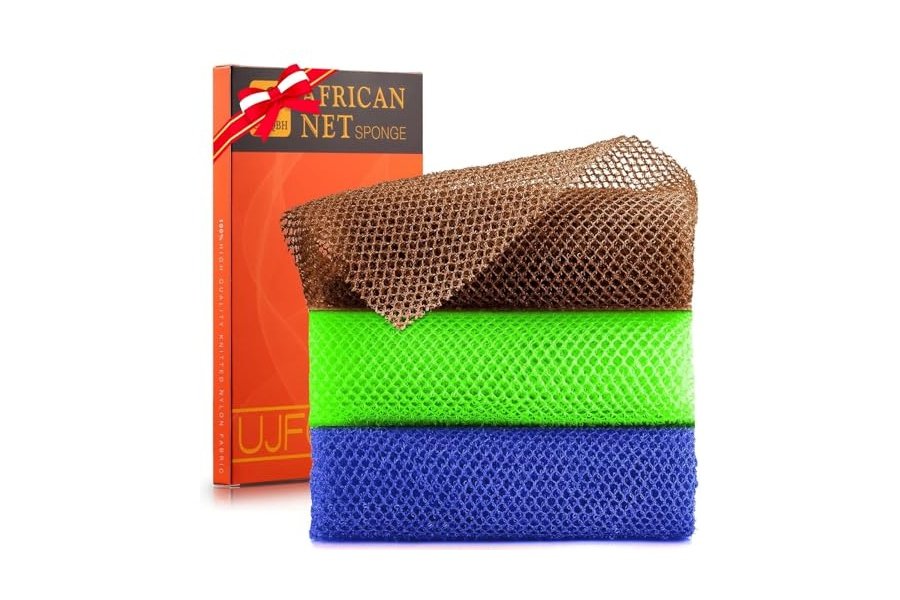3 esponjas de baño africanas de red africana, esponja de baño de red larga, exfoliante, para ducha, cuerpo, espalda y piel más suave, ideal para uso diario (marrón, azul, verde).