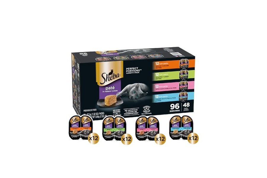 Paquete variado de alimento húmedo para gatos Sheba Perfect Portions Paté: Pollo sabroso, pavo asado con salmón sostenible y pescado blanco tierno con atún, bandejas de 75 g (48 unidades, 96 porciones) - Image 2