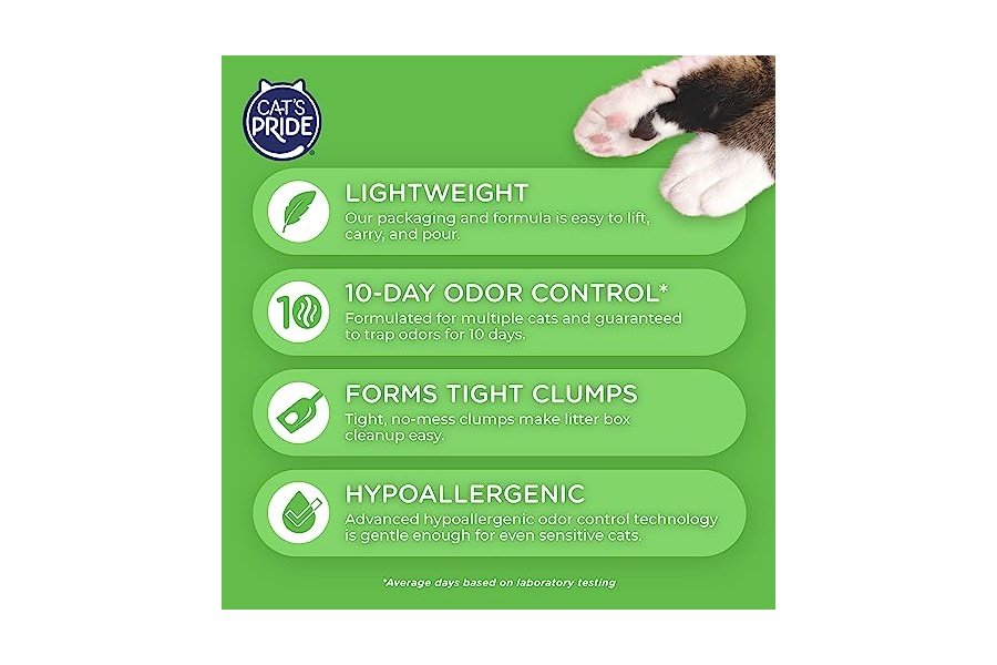 Arena aglomerante ligera y premium Cat's Pride: Cuidado completo - Hasta 10 días de control eficaz del olor - Hipoalergénica - Multigatos, sin perfume, 4.5 kg - Image 4