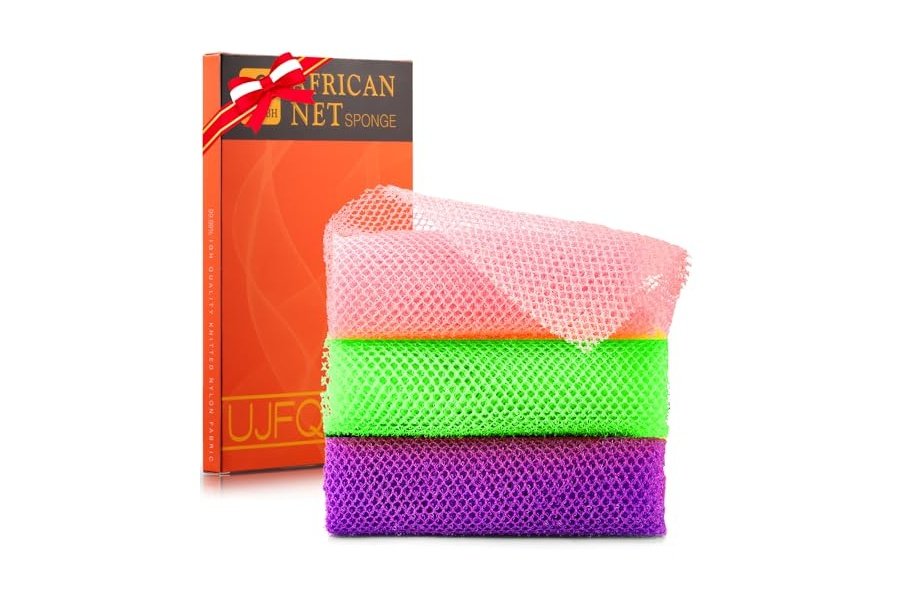 UJFQBH - 3 esponjas de baño africanas de red africana, esponja de baño de red larga, exfoliante, para ducha, cuerpo, espalda y piel más suave, ideal para uso diario (morado, rosa, verde)