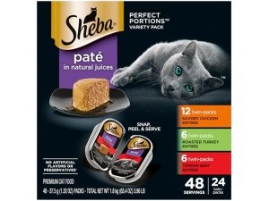 Comida húmeda para gatos Sheba Perfect Portions: paté, plato principal de pollo sabroso, plato principal de pavo asado y plato principal de carne tierna, paquete variado, bandejas dobles de 75 g (24 unidades, 48 ​​porciones)
