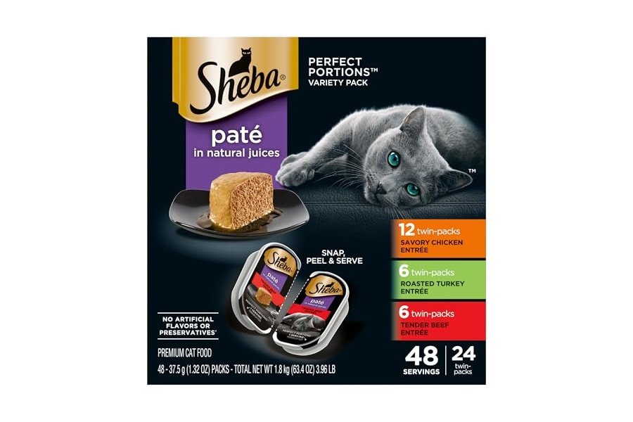 Comida húmeda para gatos Sheba Perfect Portions: paté, plato principal de pollo sabroso, plato principal de pavo asado y plato principal de carne tierna, paquete variado, bandejas dobles de 75 g (24 unidades, 48 ​​porciones)