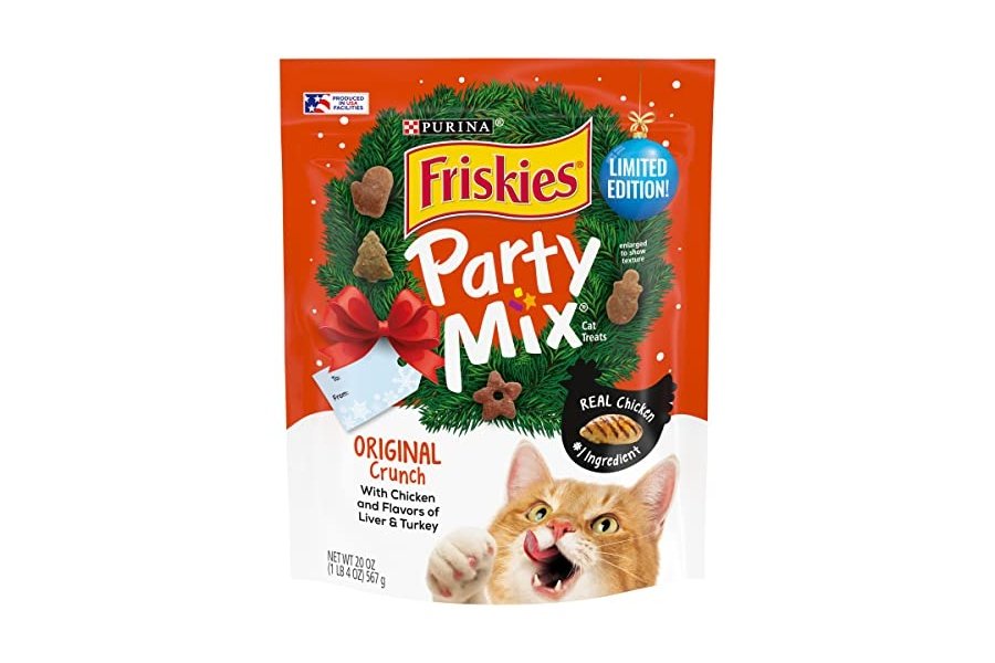 Premios para gatos Purina Friskies, fabricados en EE. UU., mezcla original crujiente para fiestas, bolsa de 593 g