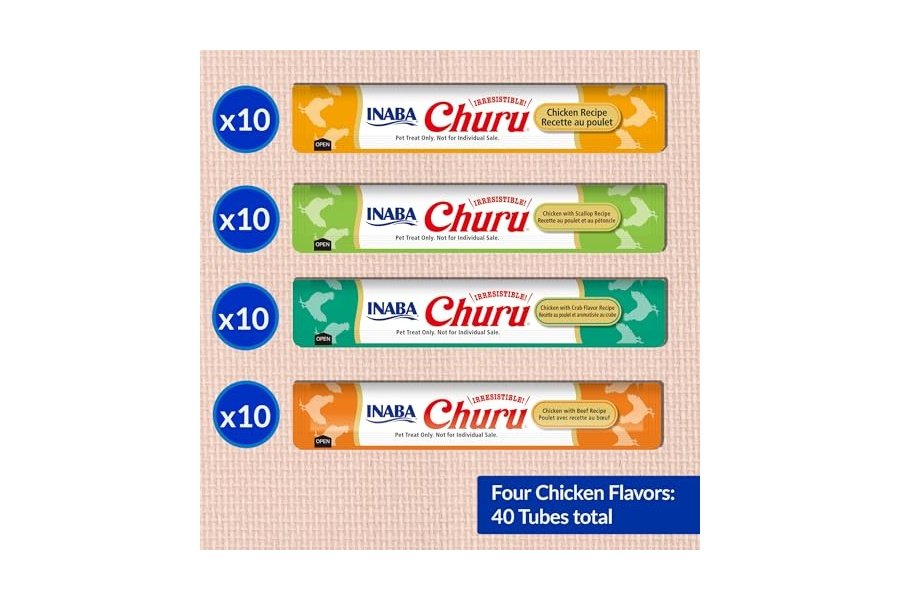Galletas para gatos INABA Churu, sin cereales, para lamer y exprimibles, puré cremoso con vitamina E y taurina, 14 g cada tubo, 40 tubos, caja variada de pollo - Image 3