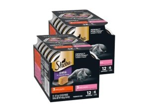 Comida húmeda para gatos Sheba Perfect Portions, paté con pollo sabroso y salmón sostenible, paquete variado, 77 g, bandejas dobles (6 unidades, 12 porciones) (paquete de 2)