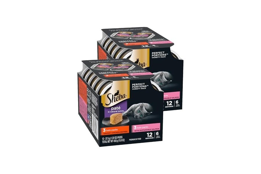 Comida húmeda para gatos Sheba Perfect Portions, paté con pollo sabroso y salmón sostenible, paquete variado, 77 g, bandejas dobles (6 unidades, 12 porciones) (paquete de 2)
