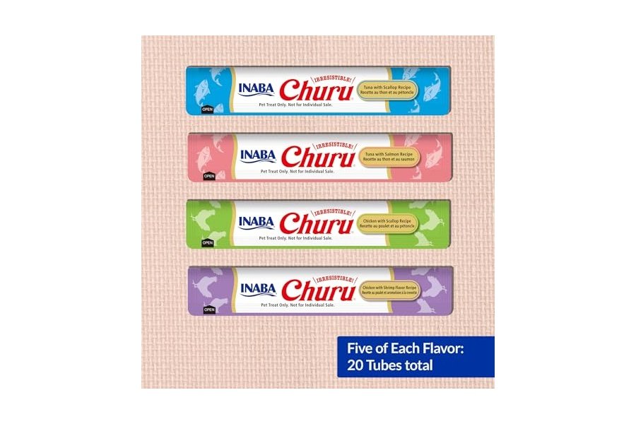 INABA Churu Cat Treats, Puré cremoso para lamer y apretar con extracto de té verde y taurina, 14 g cada tubo, 20 tubos, variedad de mariscos - Image 3