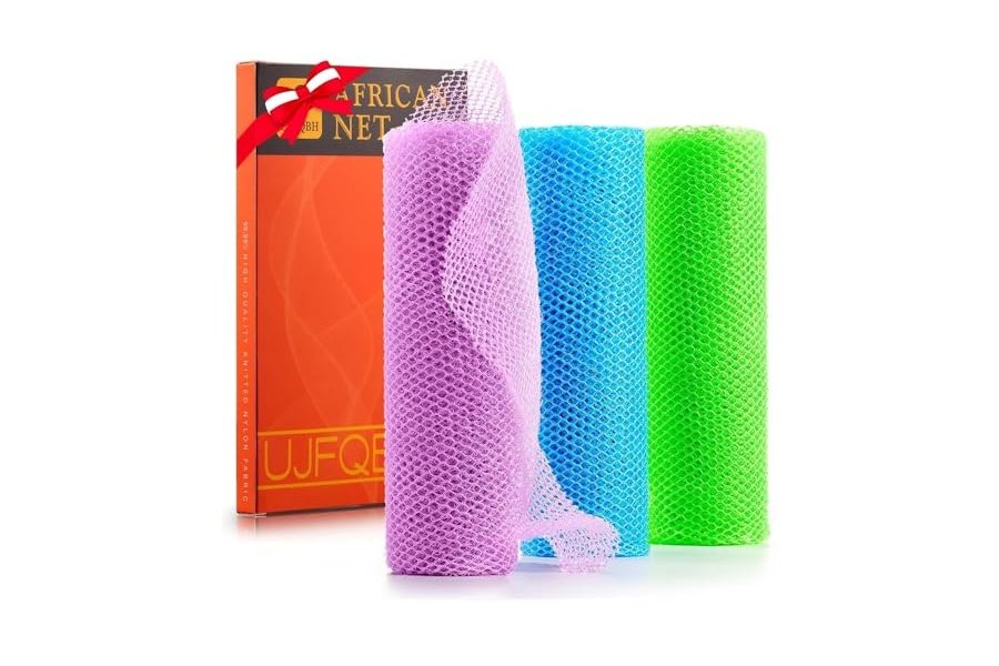 3 esponjas de baño africanas de red africana, esponja de baño de red larga, exfoliante, para ducha, cuerpo, espalda y piel más suave, ideal para uso diario (morado pálido, azul, verde).