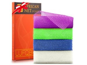 4 esponjas de baño africanas de malla larga, exfoliantes, para ducha, cuerpo y espalda, suavizantes, ideales para uso diario (morado, azul, verde y blanco).