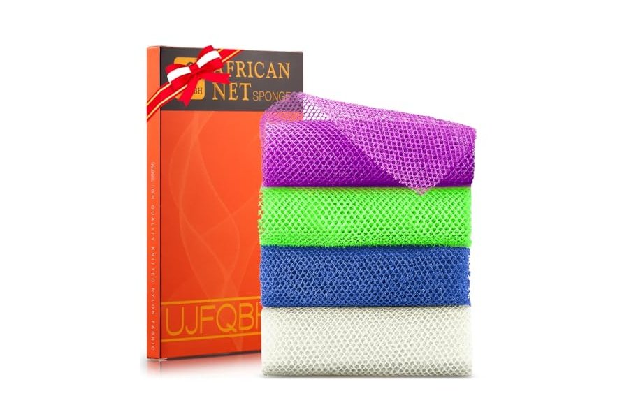 4 esponjas de baño africanas de malla larga, exfoliantes, para ducha, cuerpo y espalda, suavizantes, ideales para uso diario (morado, azul, verde y blanco).