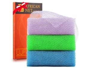 3 esponjas de baño africanas de malla larga, exfoliantes, para ducha, cuerpo y espalda, suavizantes, ideales para uso diario (morado, azul y verde).