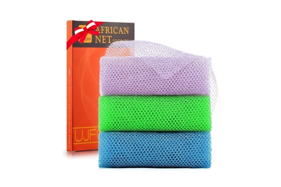3 esponjas de baño africanas de malla larga, exfoliantes, para ducha, cuerpo y espalda, suavizantes, ideales para uso diario (morado, azul y verde).