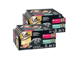 Alimento húmedo para gatos Sheba Perfect Portions, con cortes en salsa, paquete variado, con atún y salmón sostenibles, 77 g, bandejas dobles (12 unidades, 24 porciones) (paquete de 2)