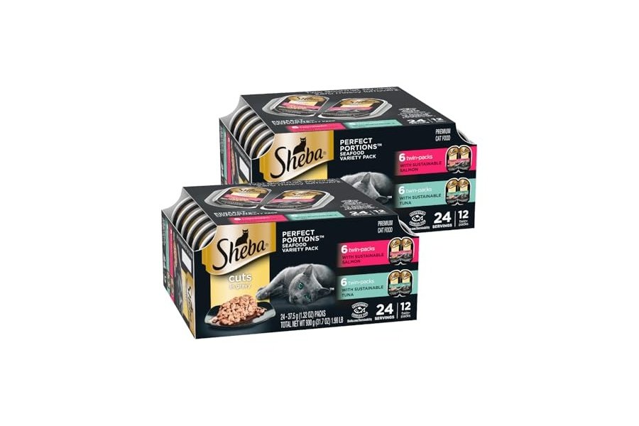 Alimento húmedo para gatos Sheba Perfect Portions, con cortes en salsa, paquete variado, con atún y salmón sostenibles, 77 g, bandejas dobles (12 unidades, 24 porciones) (paquete de 2)