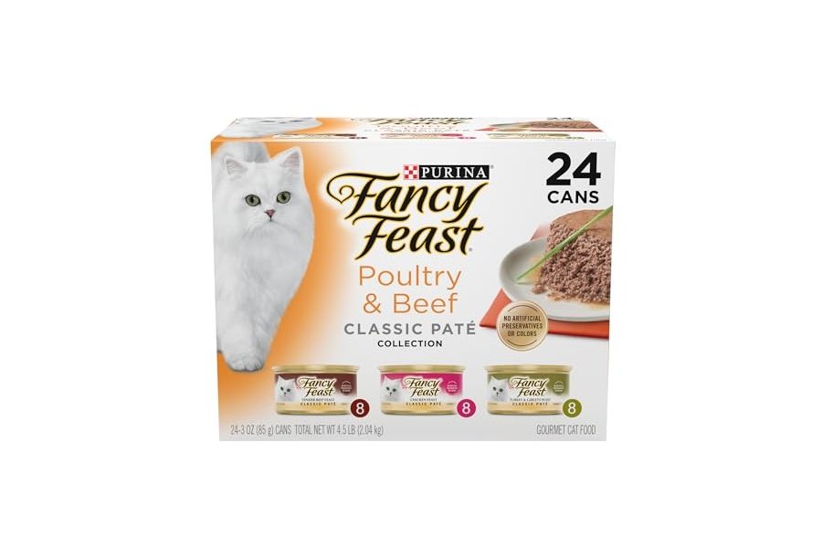 Fancy Feast - Colección de Paté Clásico de Aves y Carne de Res, Alimento Húmedo para Gatos sin Granos, Paquete Variado - (Paquete de 24) Latas de 85 g