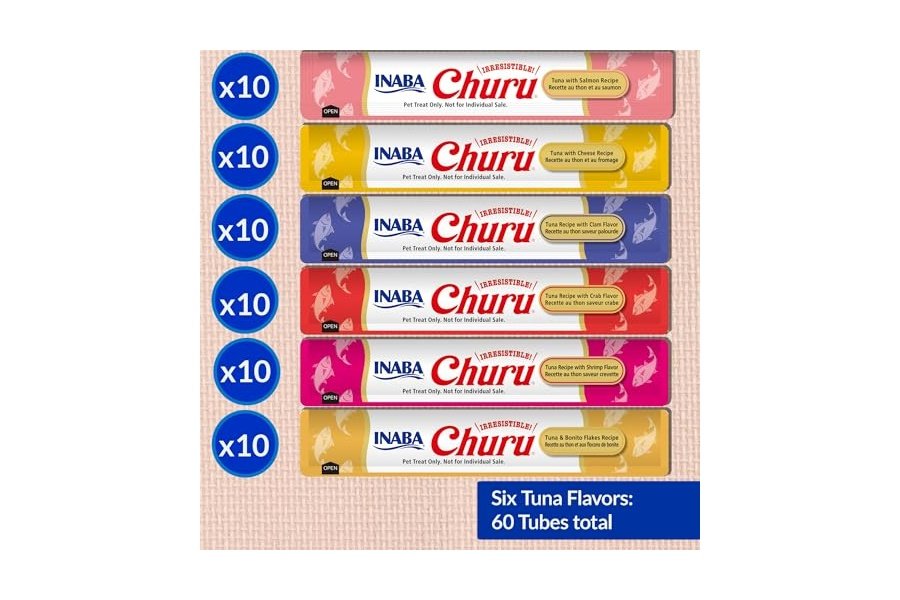 Galletas para gatos INABA Churu, sin cereales, para lamer y apretar, puré cremoso, 60 porciones, caja variada de atún - Image 3