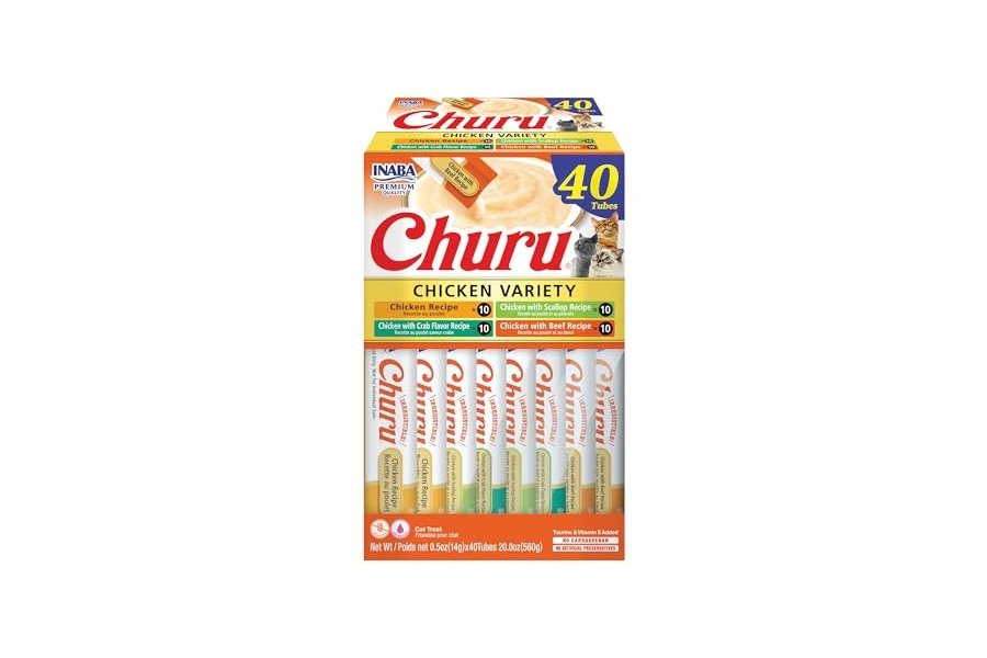 Galletas para gatos INABA Churu, sin cereales, para lamer y exprimibles, puré cremoso con vitamina E y taurina, 14 g cada tubo, 40 tubos, caja variada de pollo