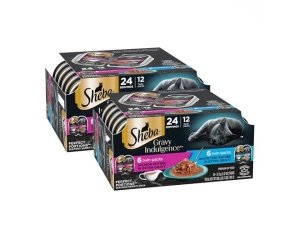 Alimento húmedo Sheba para gatos adultos, paquete variado - Platos principales de salmón y pescado blanco en salsa extra, bandejas dobles de 75 g (12 unidades, 24 porciones) (paquete de 2)