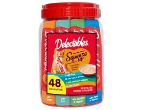 Paquete variado Delectables Squeeze Up, puré cremoso exprimible, premios húmedos para lamer para gatos, sin cereales, sin rellenos, subproductos ni conservantes añadidos, tubo de 0.5 onzas, 48 ​​tubos en total