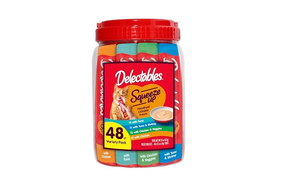 Paquete variado Delectables Squeeze Up, puré cremoso exprimible, premios húmedos para lamer para gatos, sin cereales, sin rellenos, subproductos ni conservantes añadidos, tubo de 0.5 onzas, 48 ​​tubos en total
