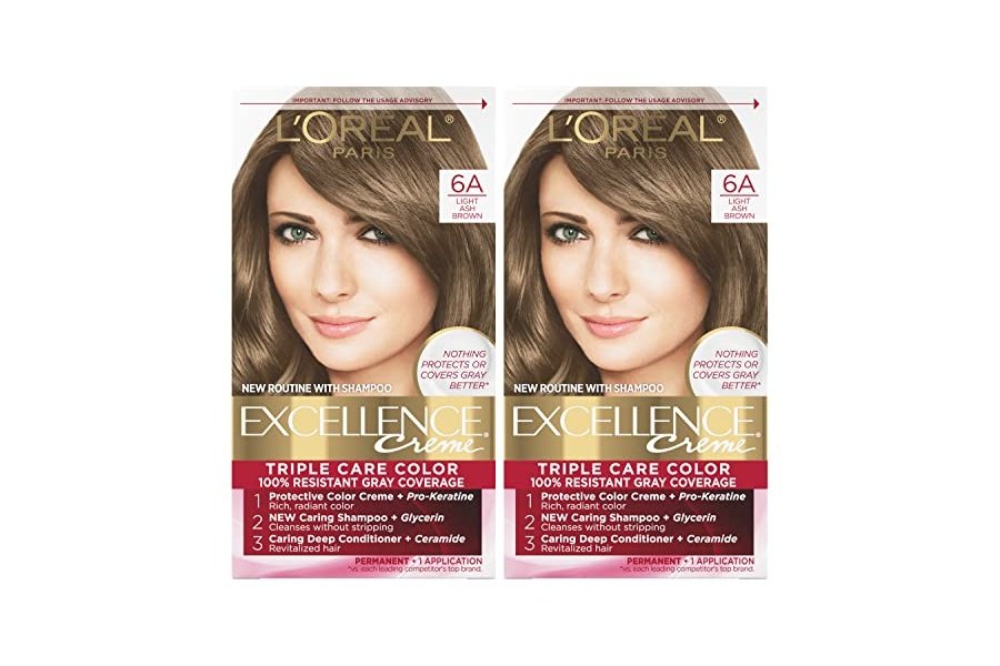 Tinte permanente en crema L’Oréal Paris Excellence, 6A Castaño Ceniza Claro, cobertura total de canas, paquete de 2