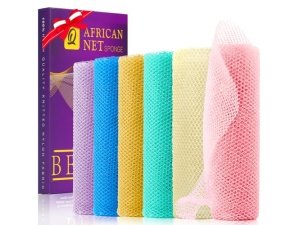 UJFQBH - 6 esponjas de red africanas largas para baño, exfoliantes corporales para ducha, uso diario, ideales para una piel más suave y un exfoliante de espalda refrescante (morado y naranja)
