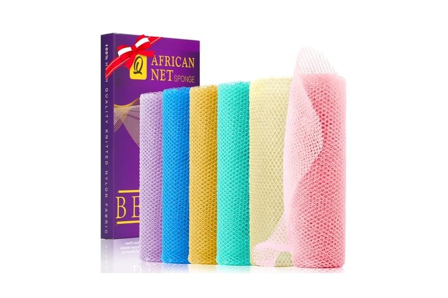 UJFQBH - 6 esponjas de red africanas largas para baño, exfoliantes corporales para ducha, uso diario, ideales para una piel más suave y un exfoliante de espalda refrescante (morado y naranja)