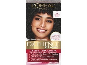 Tinte permanente en crema L'Oréal Paris Excellence Triple Care, 3 negros naturales, cobertura de canas hasta 8 semanas, para todo tipo de cabello, paquete de 1