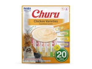 Galletas para gatos INABA Churu, sin cereales, para lamer y exprimibles, puré cremoso con vitamina E y taurina, 14 g cada tubo, 20 tubos, variedad de pollo