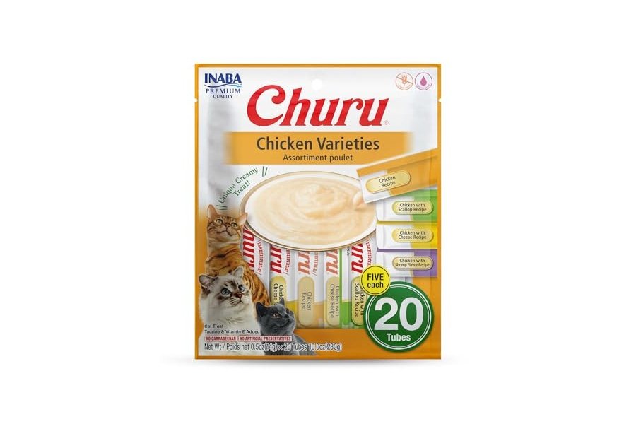 Galletas para gatos INABA Churu, sin cereales, para lamer y exprimibles, puré cremoso con vitamina E y taurina, 14 g cada tubo, 20 tubos, variedad de pollo