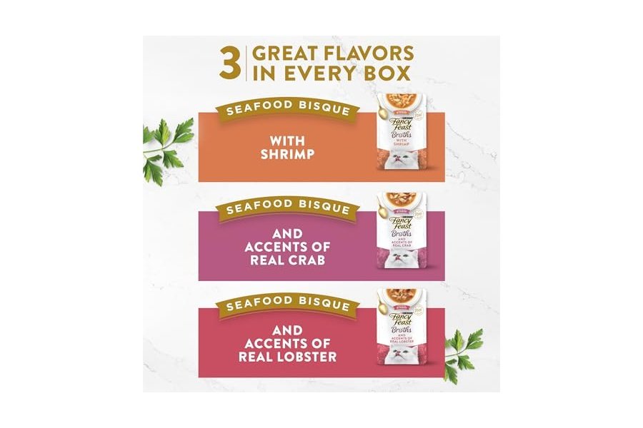 Alimento húmedo para gatos Purina Fancy Feast Broths, bisque de mariscos, sin cereales, para lamer, paquete variado (paquete de 12) bolsas de 45 g - Image 2