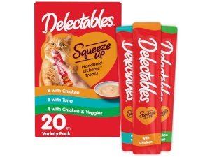 Paquete variado Delectables Squeeze Up, puré cremoso exprimible, premios húmedos para lamer para gatos, sin cereales, sin rellenos, subproductos ni conservantes añadidos, tubo de 0.5 onzas, 20 tubos en total