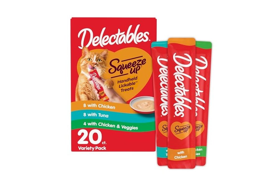 Paquete variado Delectables Squeeze Up, puré cremoso exprimible, premios húmedos para lamer para gatos, sin cereales, sin rellenos, subproductos ni conservantes añadidos, tubo de 0.5 onzas, 20 tubos en total