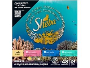 Bandejas de comida húmeda para gatos Sheba Perfect Portions Cuts in Gravy (24 unidades, 48 ​​porciones), paquete variado de salmón, trucha y atún sostenible, bandejas fáciles de despegar en paquetes dobles.