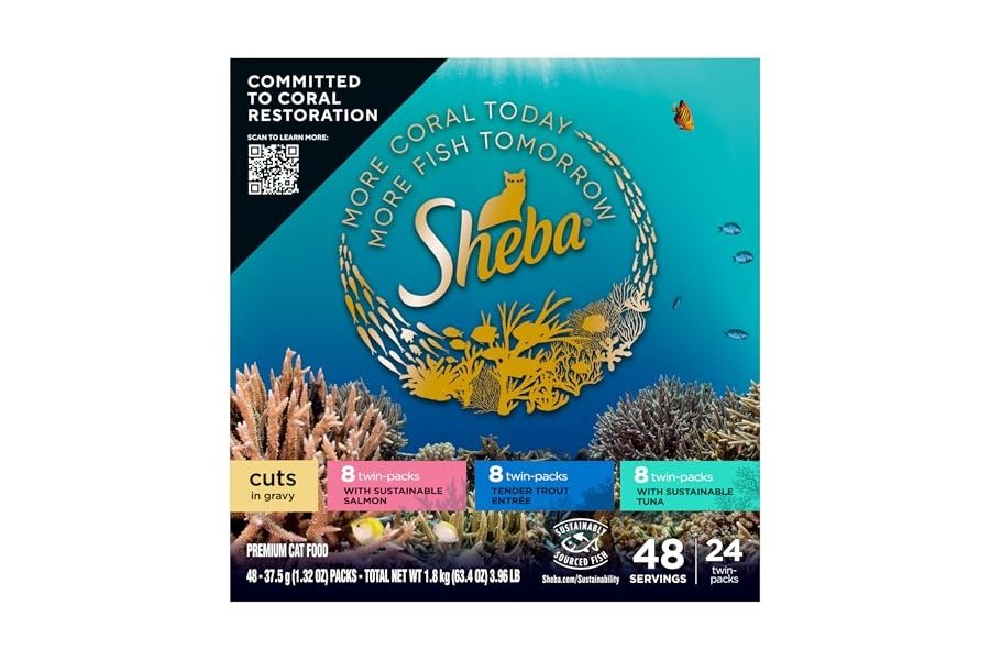 Bandejas de comida húmeda para gatos Sheba Perfect Portions Cuts in Gravy (24 unidades, 48 ​​porciones), paquete variado de salmón, trucha y atún sostenible, bandejas fáciles de despegar en paquetes dobles.