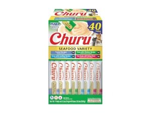 Galletas para gatos INABA Churu, sin cereales, para lamer y exprimibles, puré cremoso con vitamina E y taurina, 14 g cada una, 40 tubos, caja variada de atún y mariscos