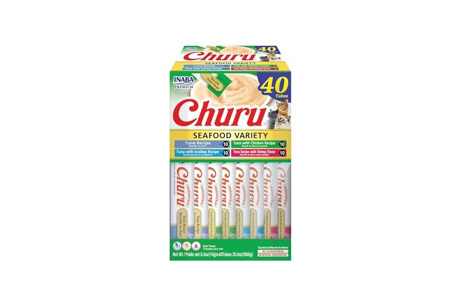 Galletas para gatos INABA Churu, sin cereales, para lamer y exprimibles, puré cremoso con vitamina E y taurina, 14 g cada una, 40 tubos, caja variada de atún y mariscos