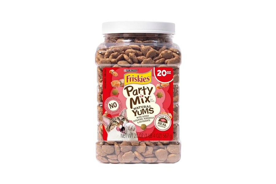 Purina Friskies - Golosinas naturales para gatos - Mezcla para fiestas - Delicias naturales con salmón real y vitaminas, minerales y nutrientes añadidos - Envase de 593 g
