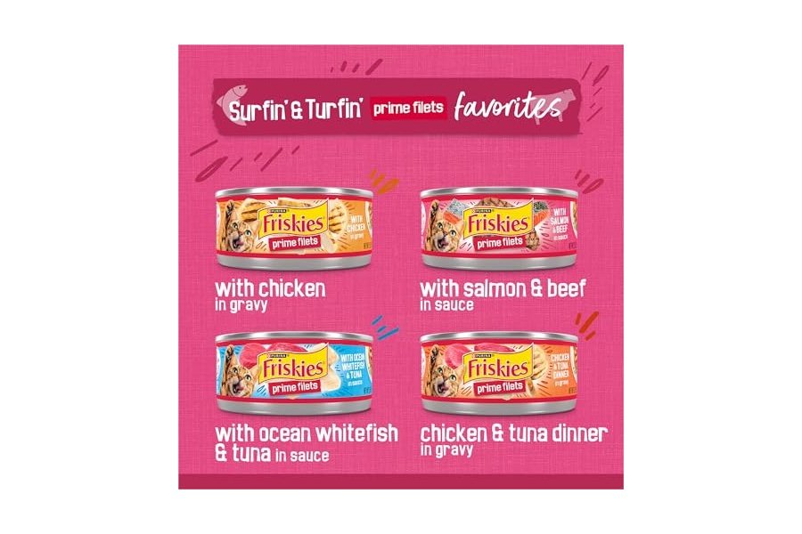 Alimento húmedo para gatos Purina Friskies Gravy, paquete variado, Surfin’ and Turfin’ Prime Filets Favorites - Lata de 48 unidades - Image 2