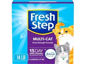 Arena aglomerante para gatos Fresh Step, multigato, control de olores duradero, con carbón activado y fórmula de bajo polvo, 6.3 kg